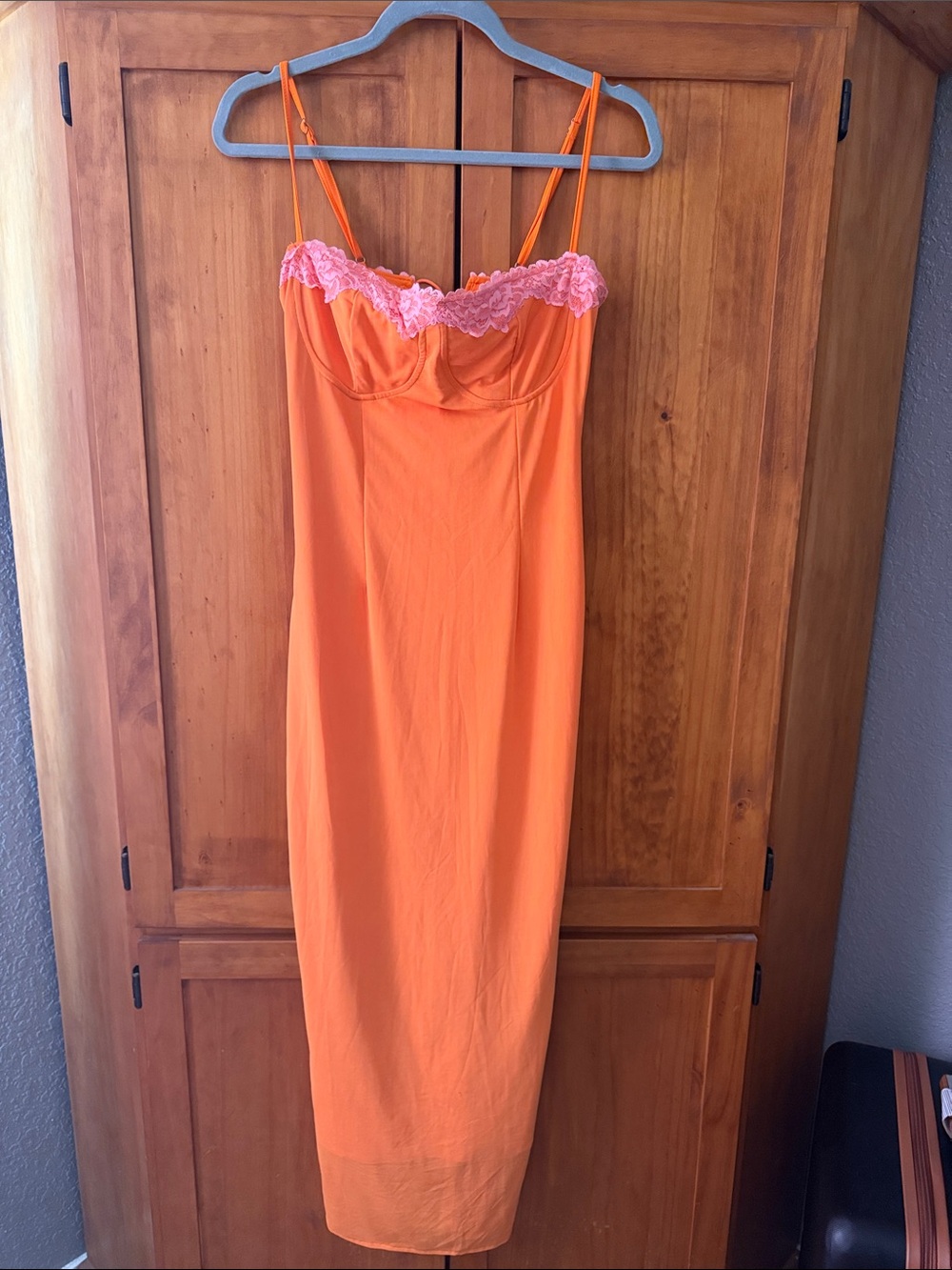 Orange Slip Dress with Pink Lace Trim